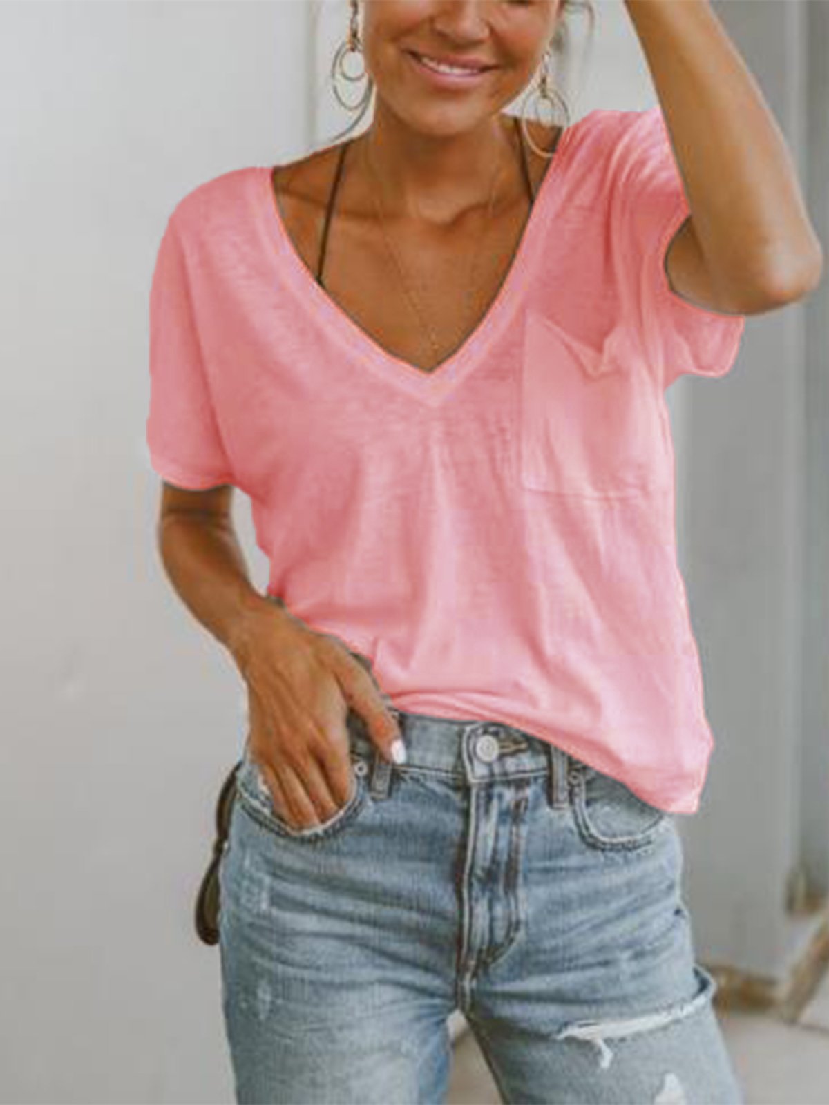 Casual Short Sleeve V neck Pockets Shirts