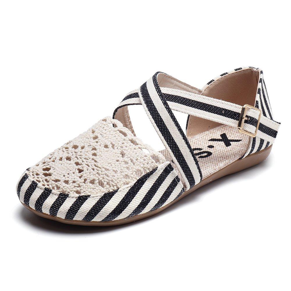Women Preppy Canvas Fisherman Shoes Buckle Hollow Out Flats