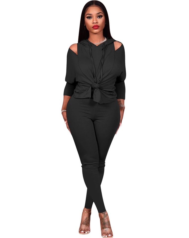 Autumn Solid Plain Cut Out Hoody Shirt and Pants Set