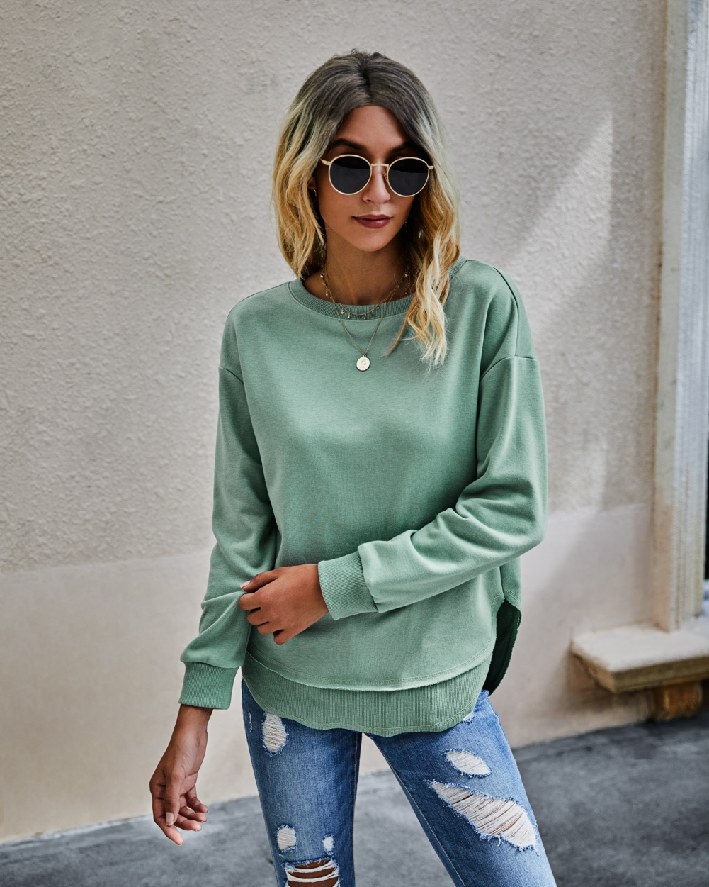 Falls Round Neck Slit Sweat Shirt