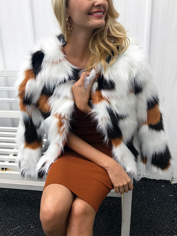 Warm Vinage Faux Fur Long Sleeve Outdoor Plain V Neck Coat