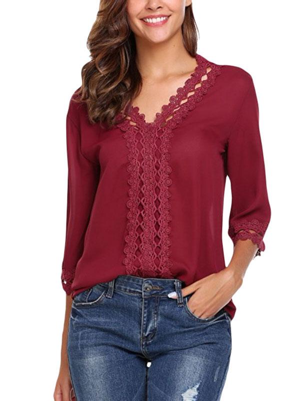 Solid Color Lace Chiffon Blouse