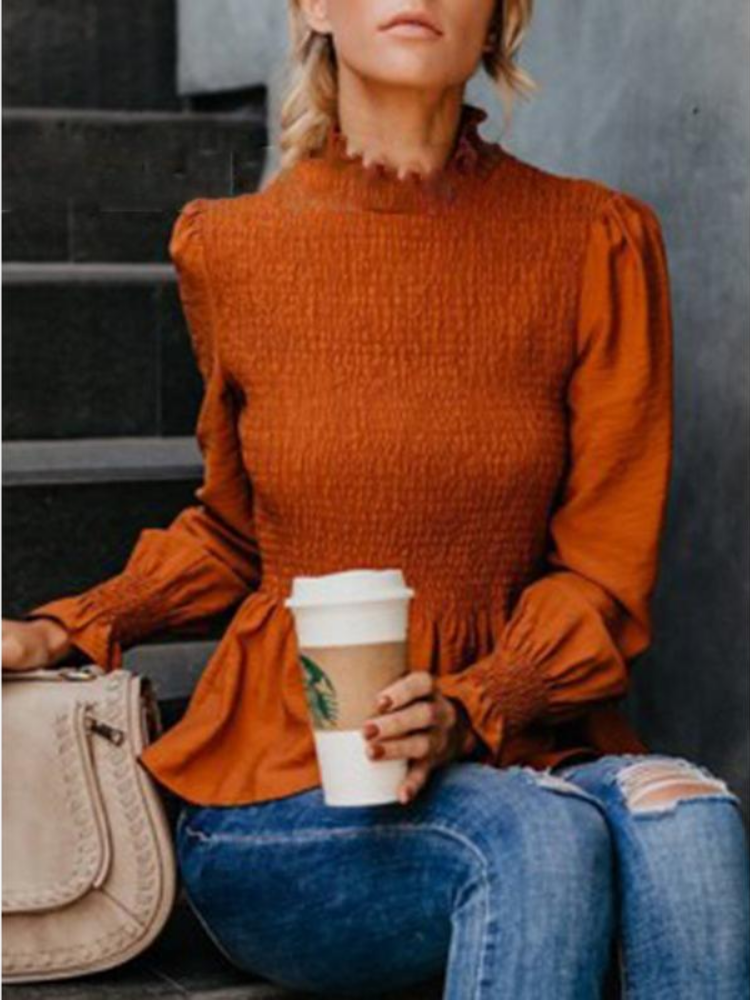 Women's Fashion Solid Chiffon Turtle Neck Solid Shirred Long Sleeve Blouses