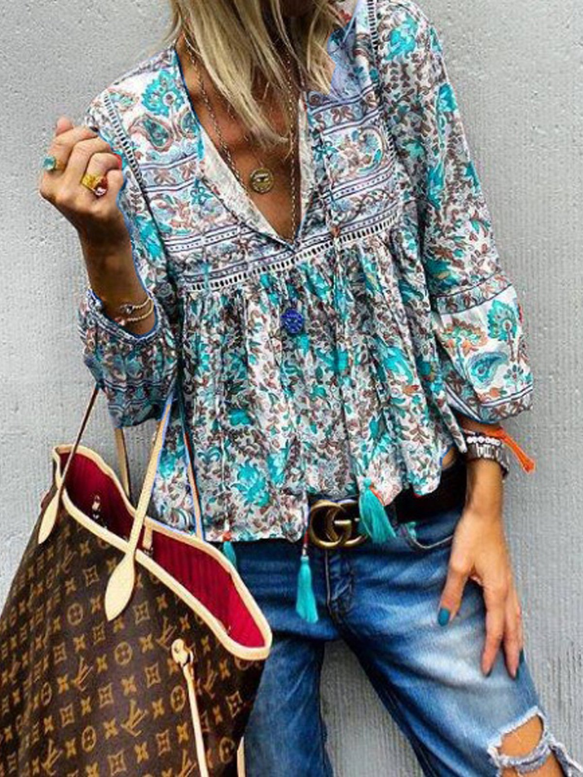 V Neck Floral Long Sleeve Casual Tops