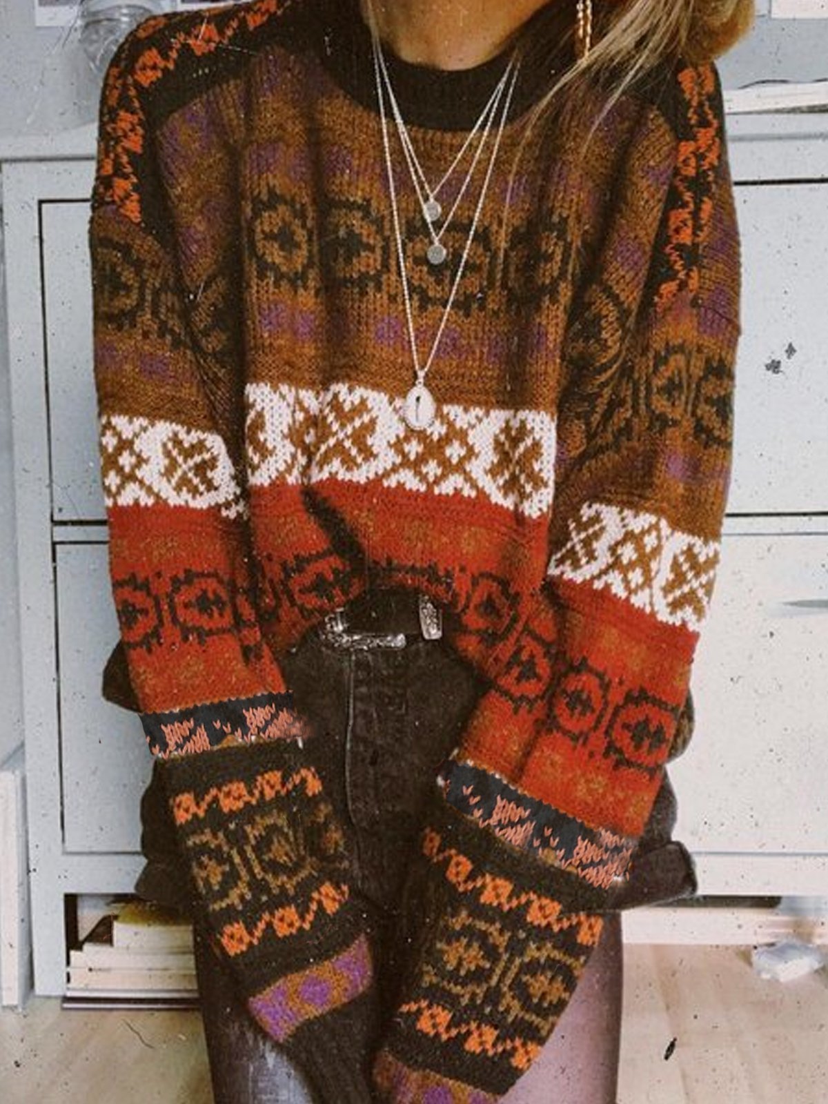 Boho Floral Knitted Shift Sweater