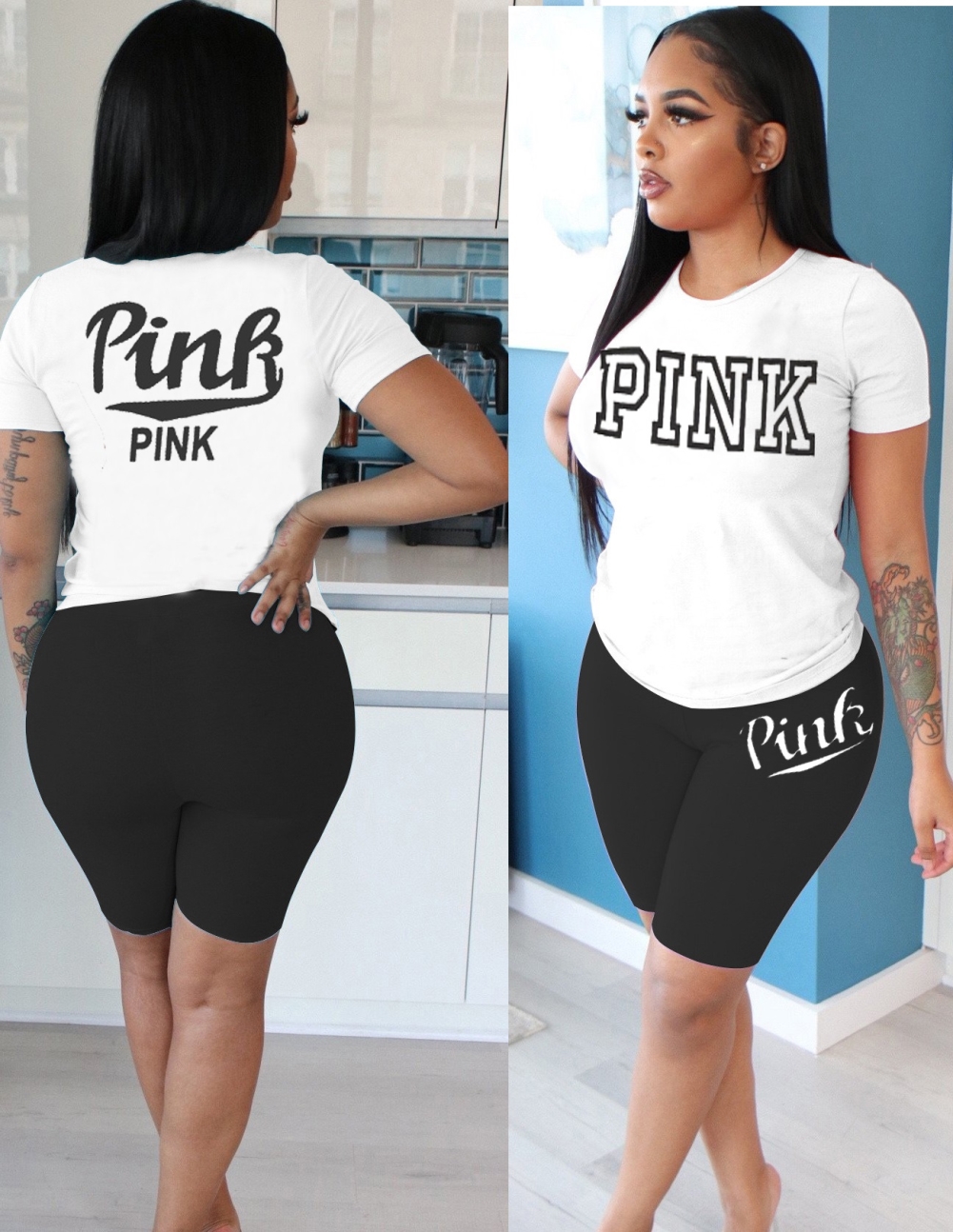 Summer White and Black Print Biker Shorts Set