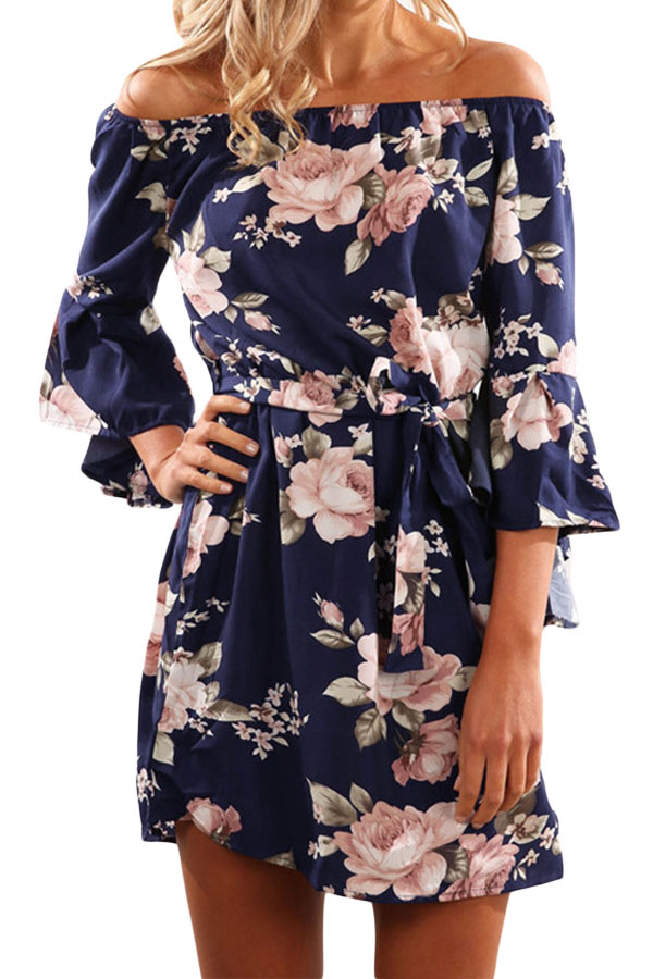 Pink Floral Print Navy Off Shoulder A-line Dress