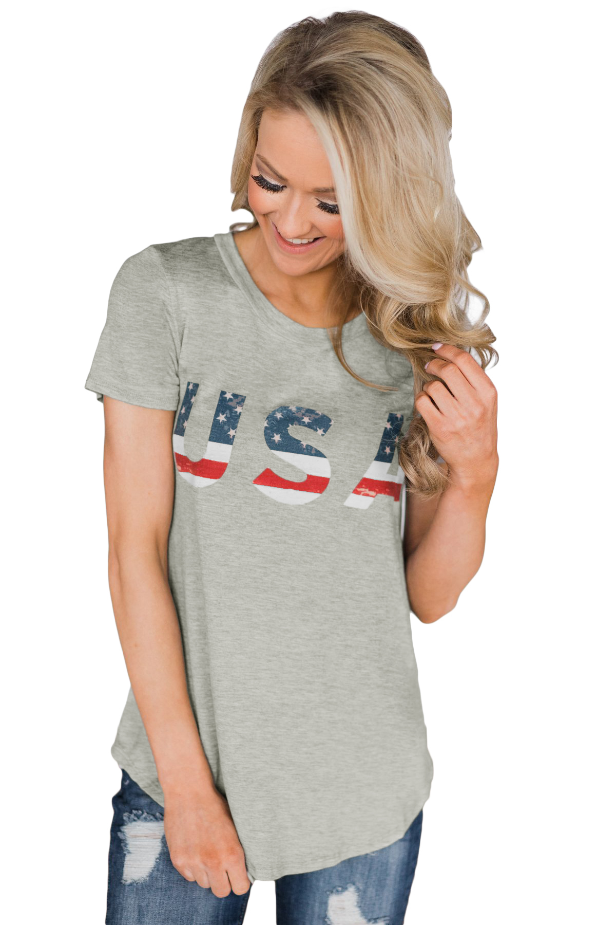 Gray Home Grown USA Flag Short Sleeve Tee Top