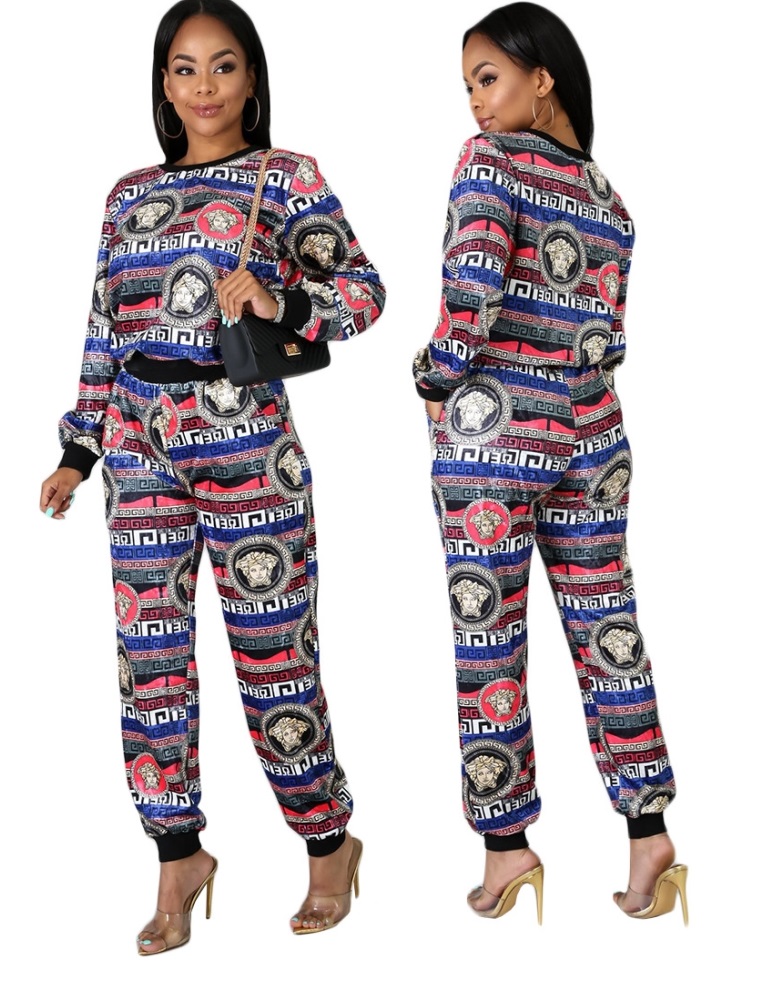 Print Colorful African Long Sleeve Top and Pants Set