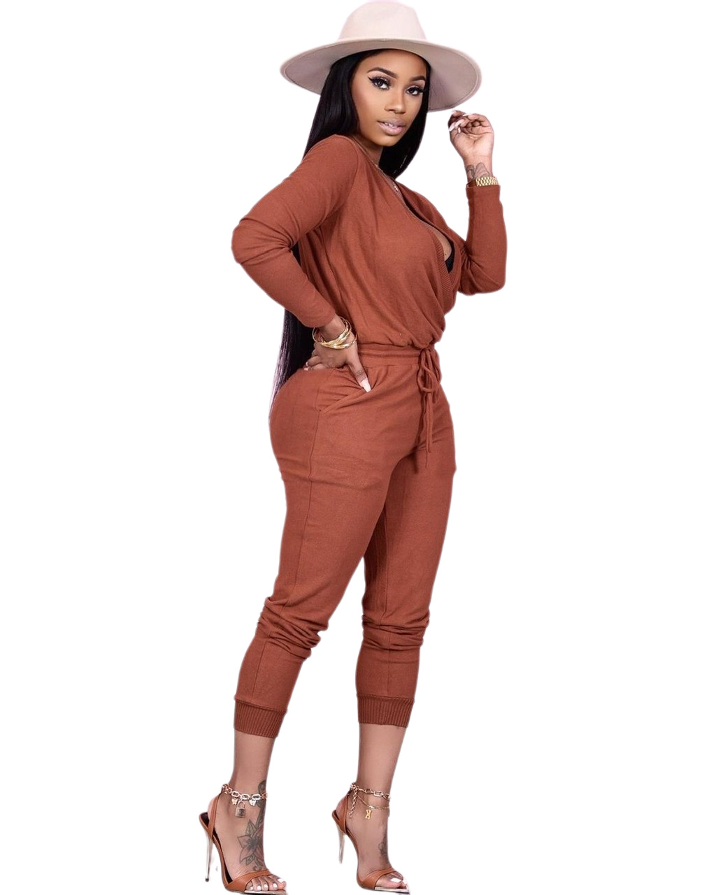 Autumn Casual Solid Plain Drawstrings V-Neck Jumpsuit