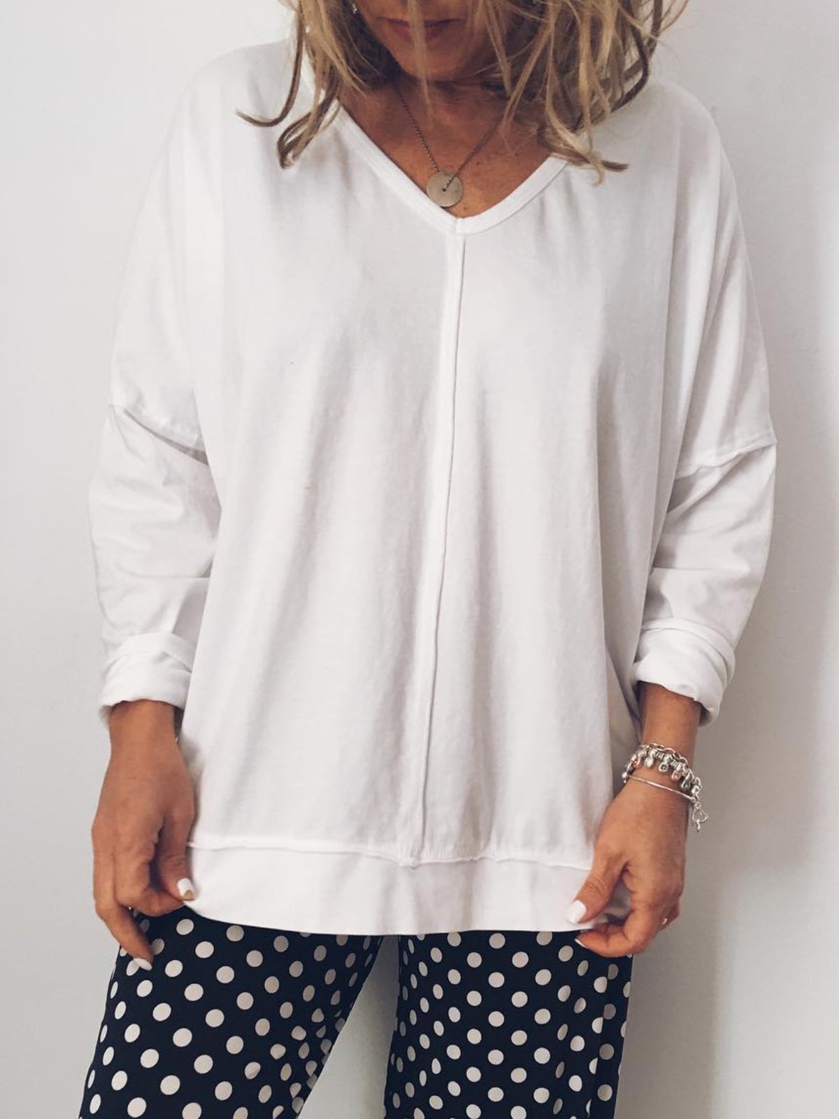 White V Neck Casual Cotton Shirts & Tops