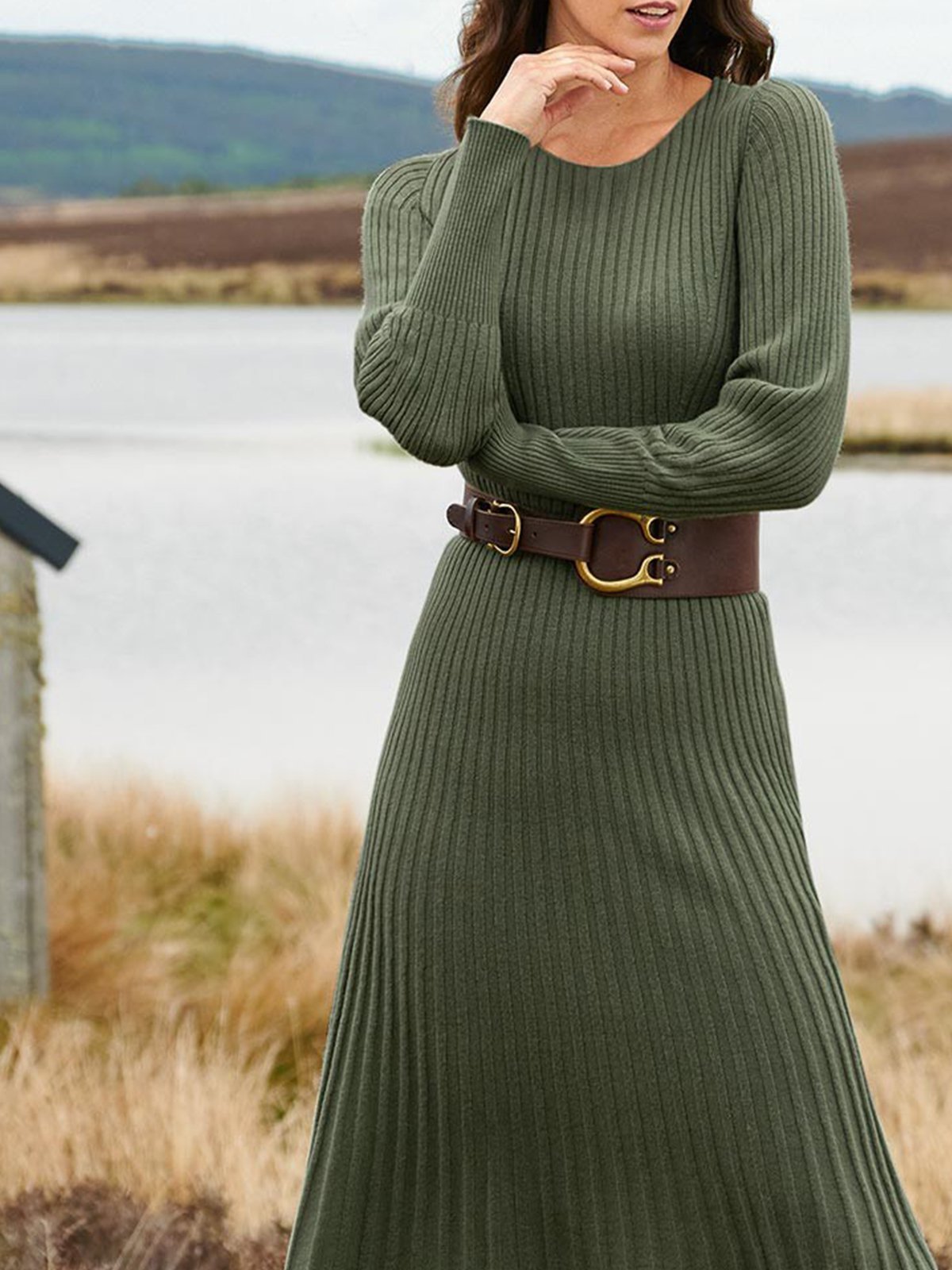 Army Green Long Sleeve Knitted Crew Neck Shift Dresses