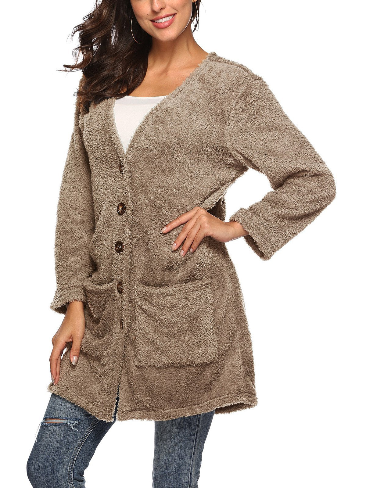 Solid Long Sleeve V Neck Shift Cardigan