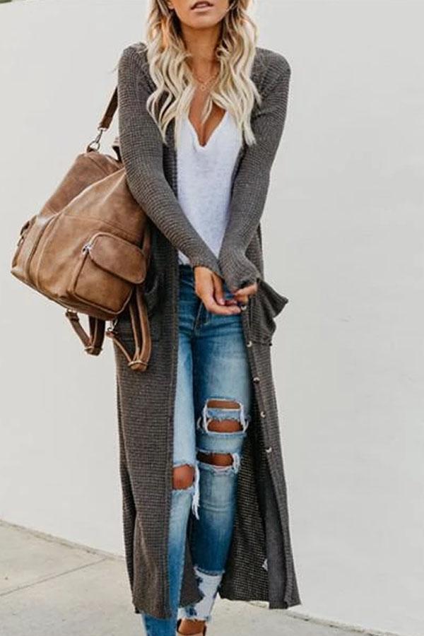 New solid color button big pocket casual long style cardigan coat
