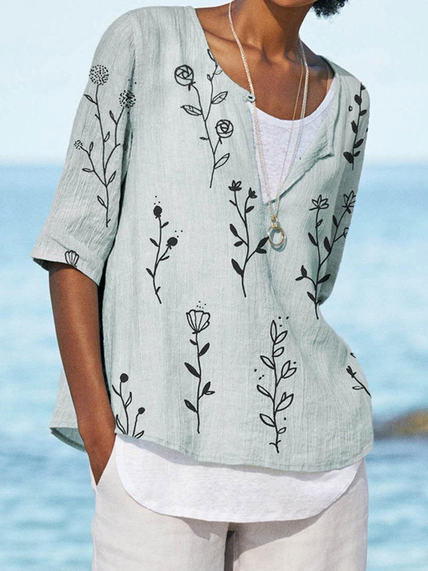 Floral Half Sleeve Casual V Neck Shirts & Tops