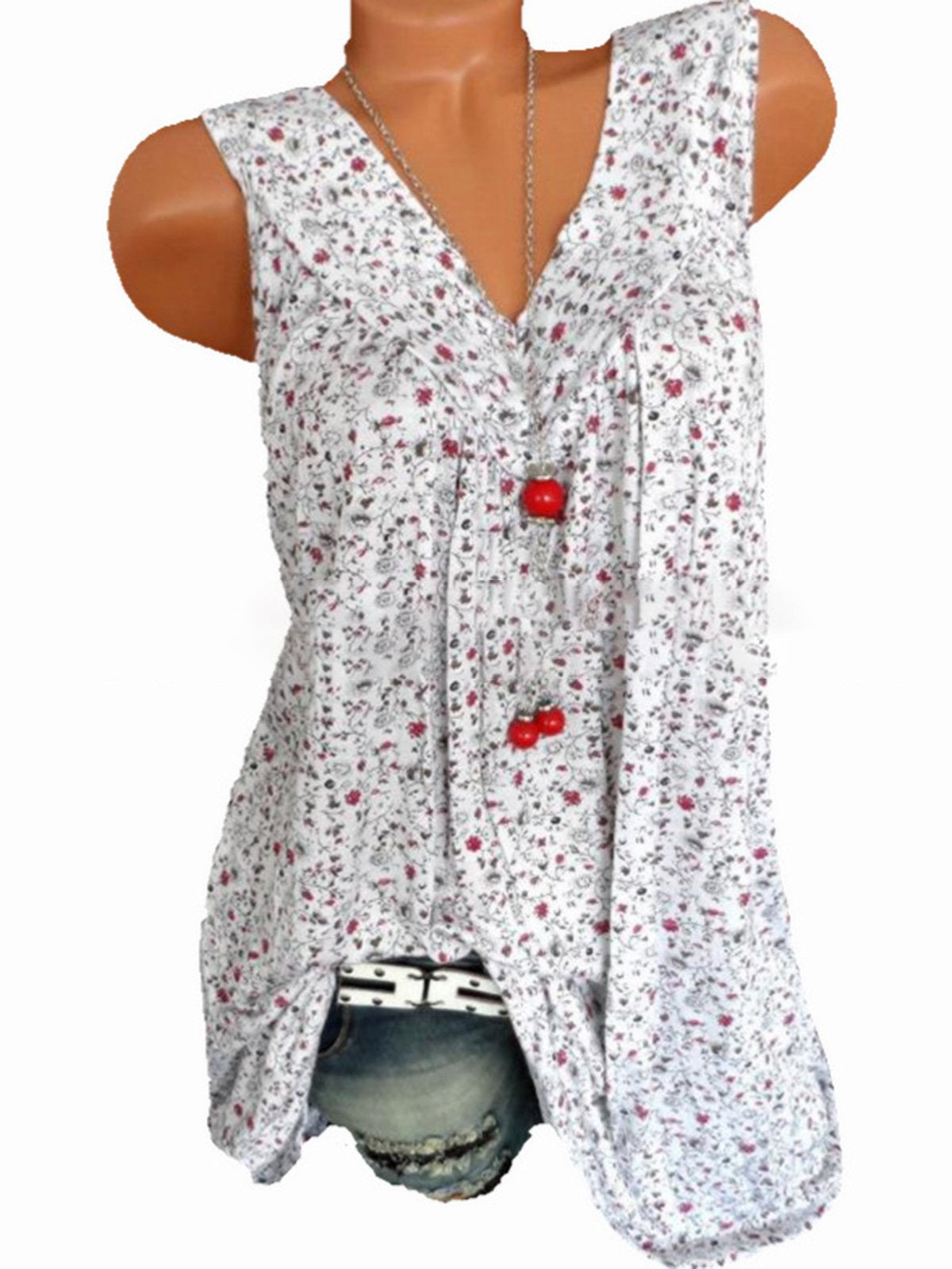 Summer Women Floral V Neck Sleeveless Blouses