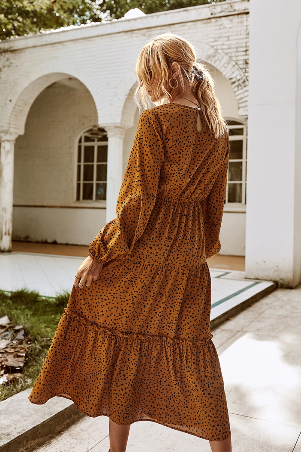Fall Long Sleeve Square Dot Long Dress