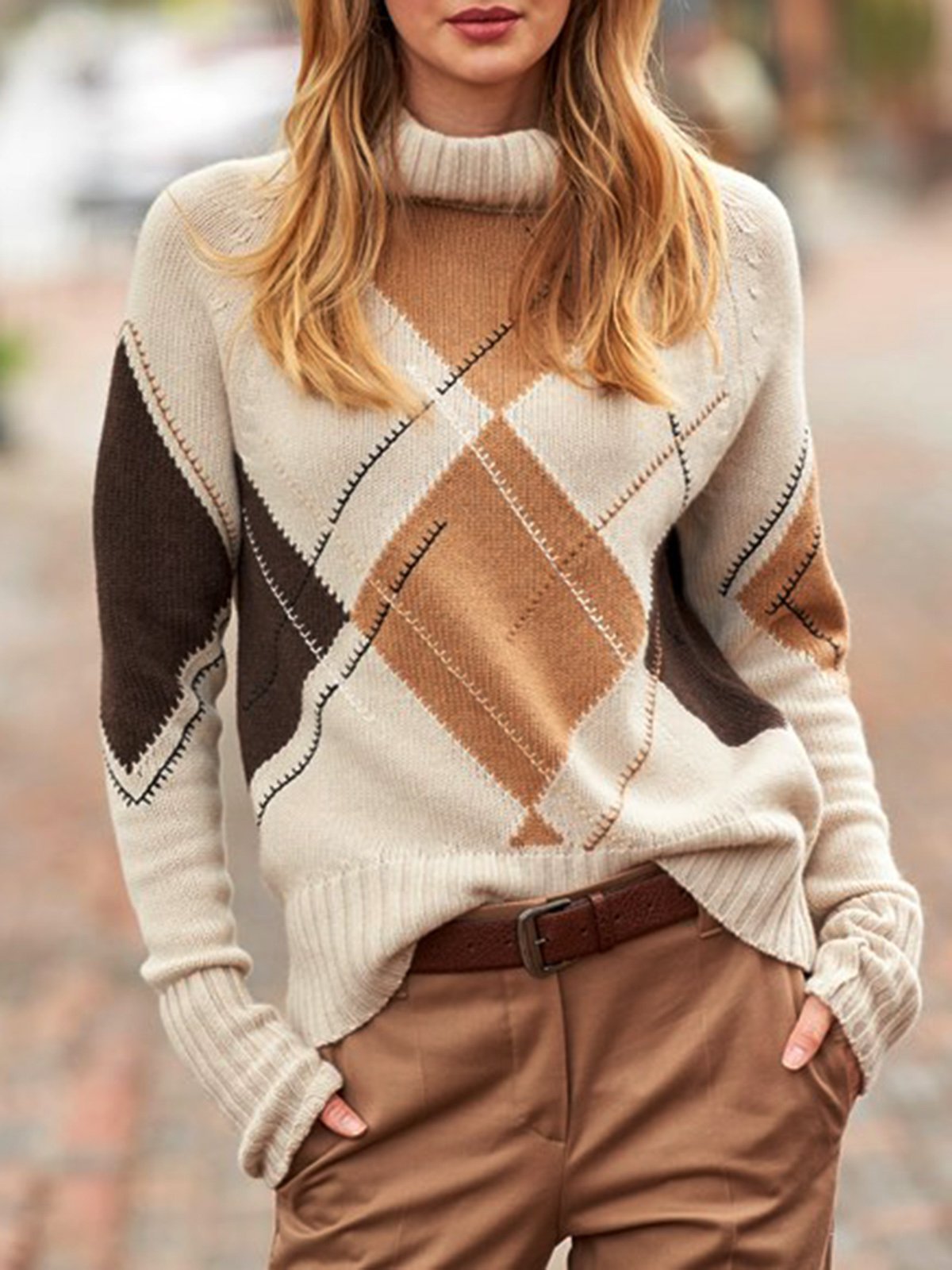 Beige Cotton-Blend Geometric Long Sleeve Sweater