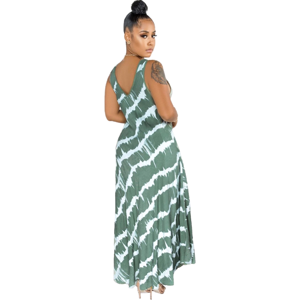 Summer Tie Dye O Neck Sleeveless Long Dress