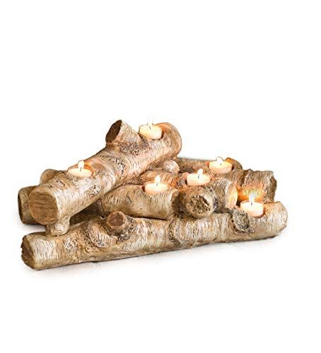 Plow & Hearth Faux Wood Resin Logs Tea Lights Candle Holder