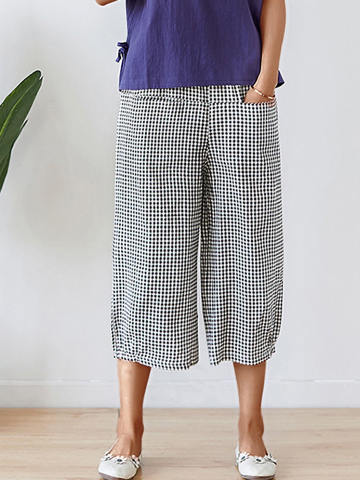Plus Size Women Plaid Loose Cotton Wide-leg Pants