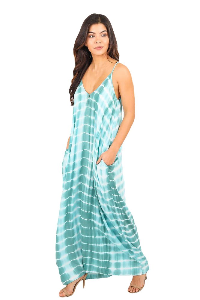 Fashion Mint Tie Dye Print Boho Pocketed Maxi Dress