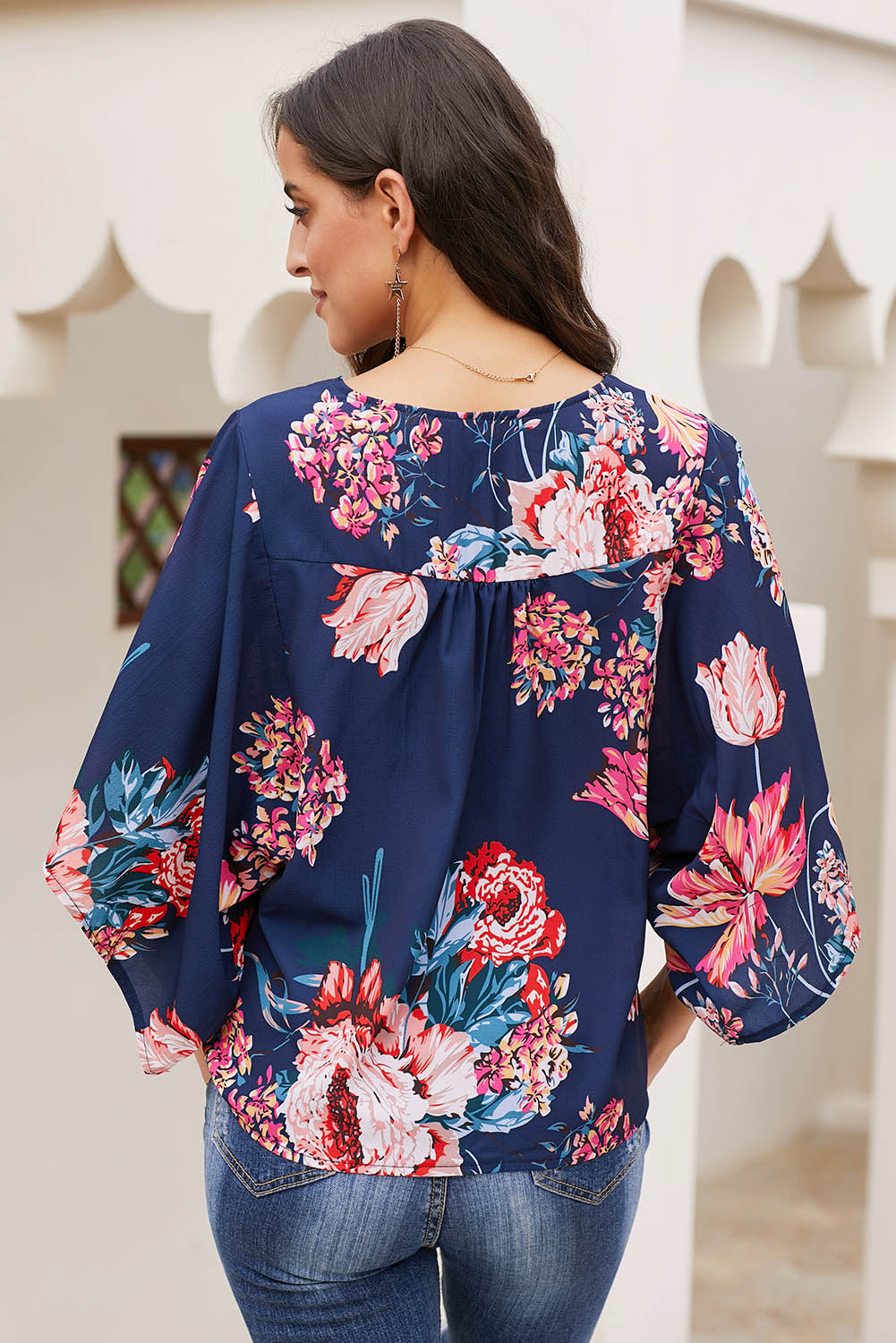 Blue V Neck Floral Kimono Top