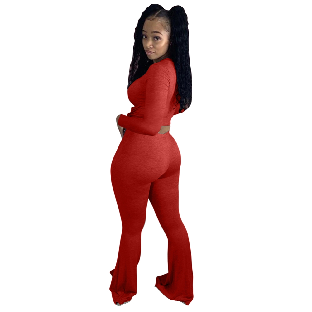 Sexy Plain Shirt and Flare Pants Set