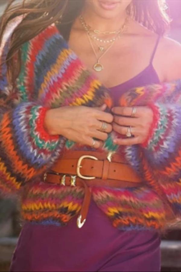 Casual Vacation Rainbow Pop Printed Knit Sweater Cardigan