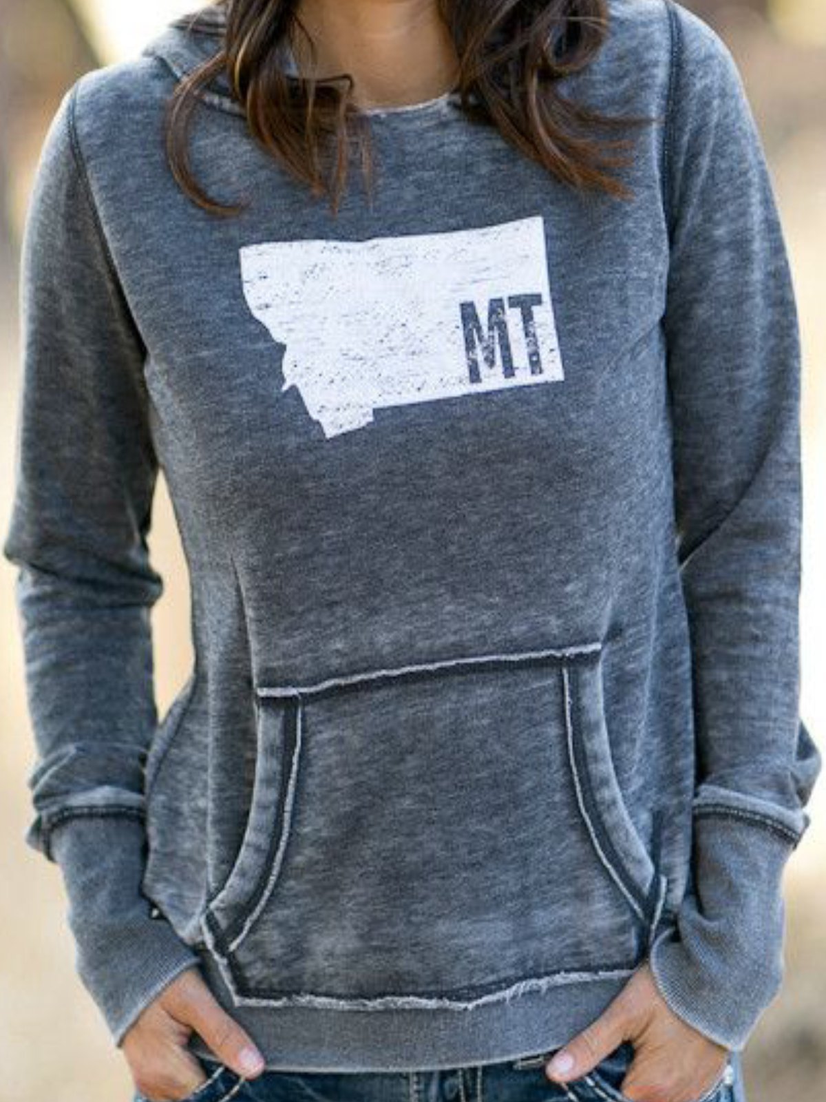 Gray Long Sleeve Hoodie Cotton-Blend Shirts & Tops