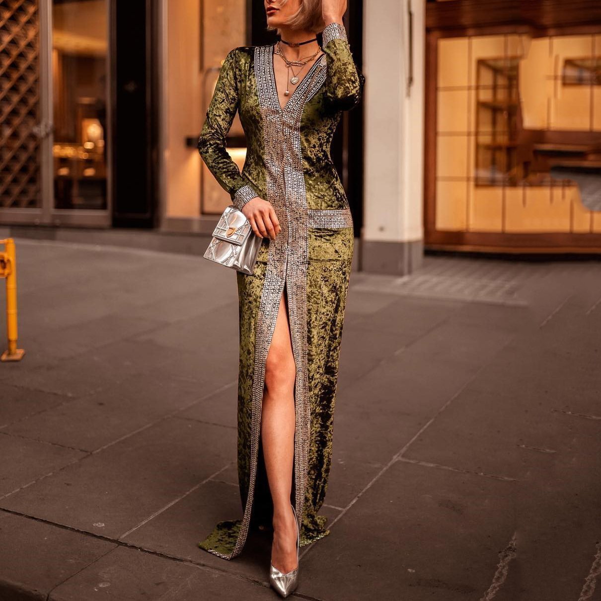 Elegant Fashion Slim Color Block Long Sleeve Fork Evening Dress