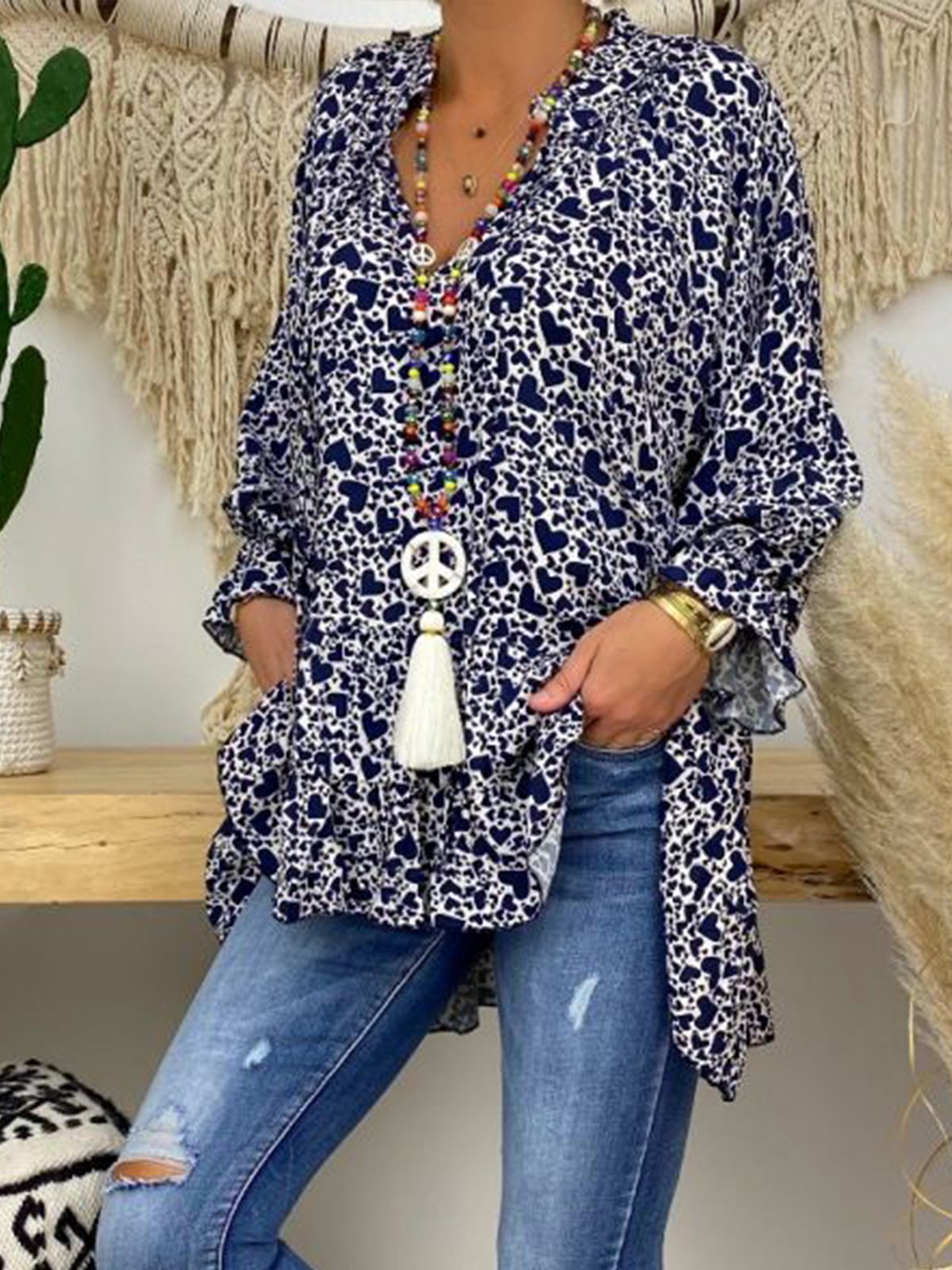 Blue Long Sleeve Casual V Neck Shirts & Tops