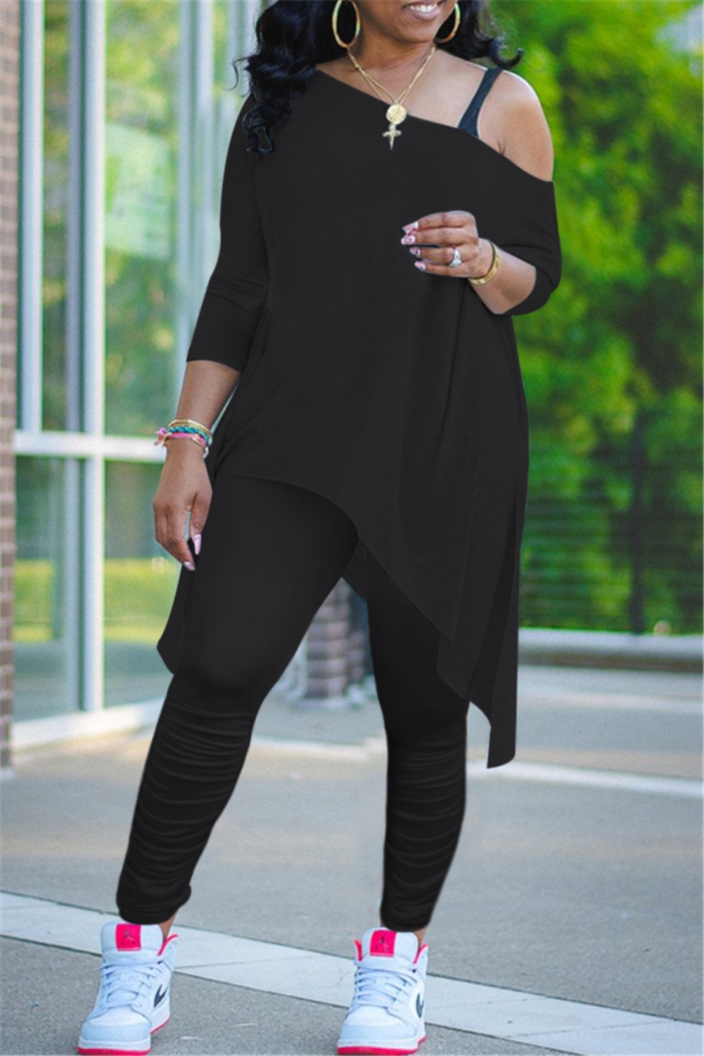 Casual African Two Piece Plain Stacked Pants Set