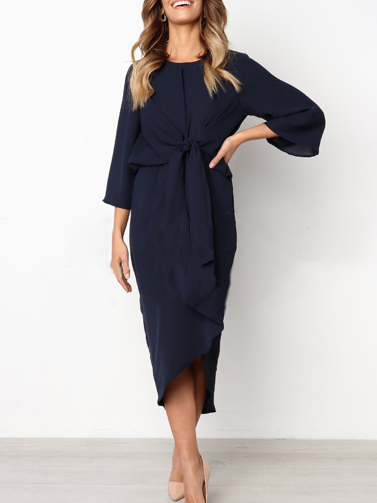 Solid Basic Crew Neck Casual Dress