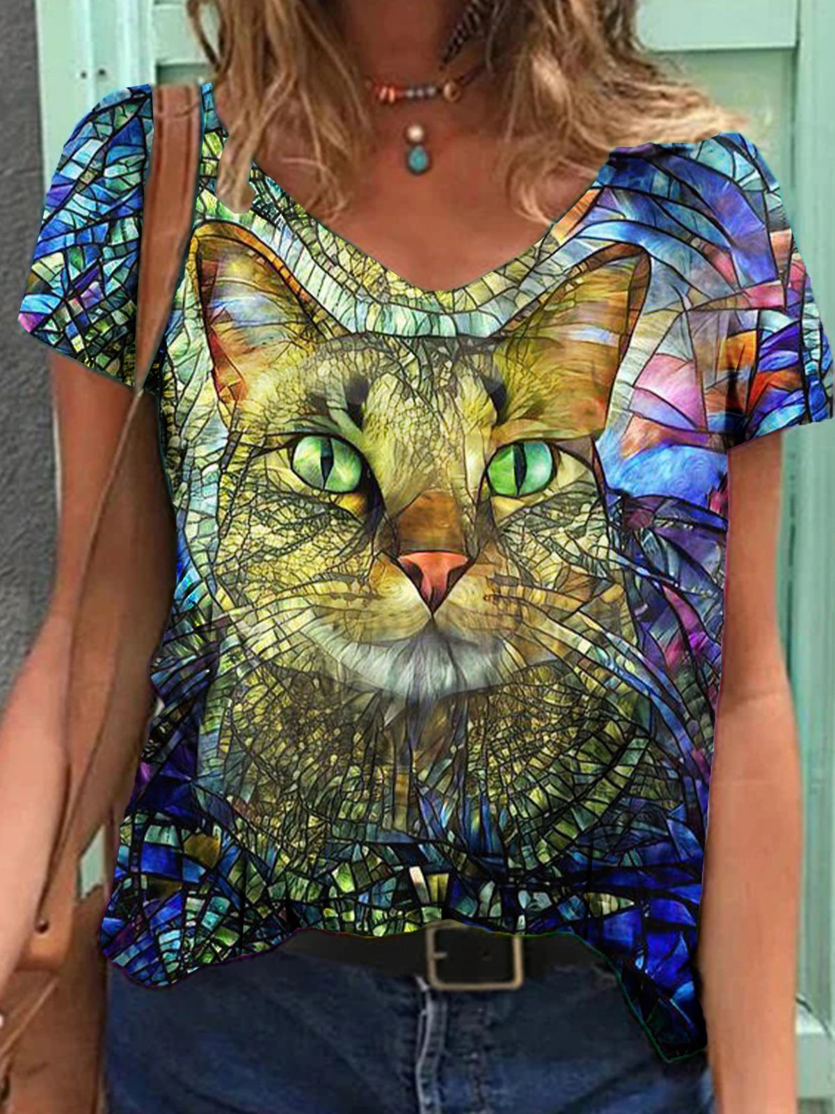 Glass Painting Cat Floral-Print V Neck Short Sleeve Shirts & Tops