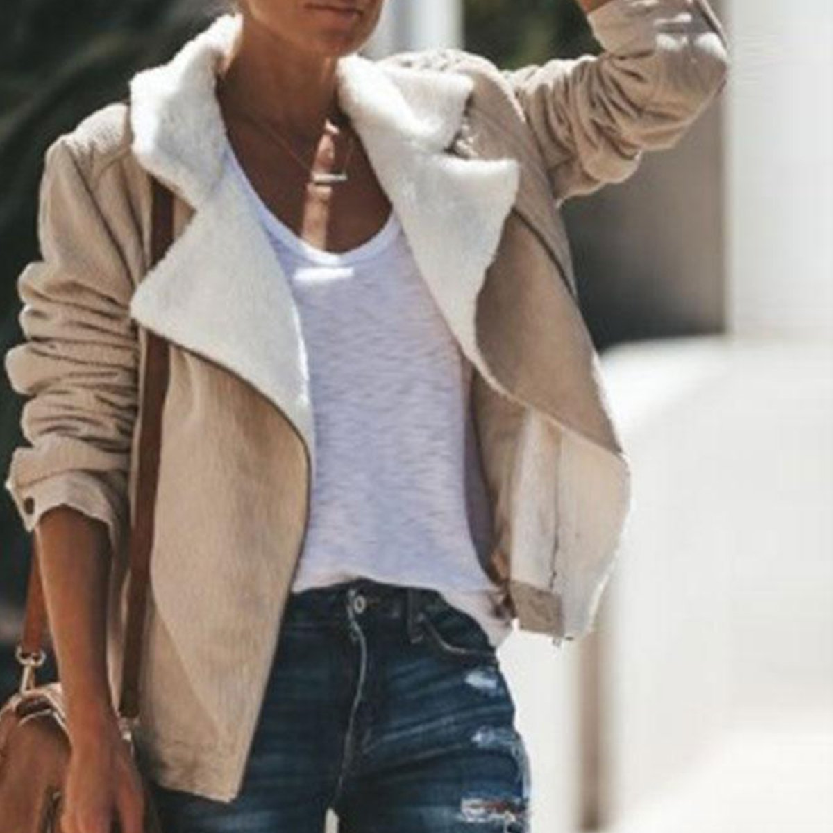 Fold Over Collar  Zipper  Plain Jackets