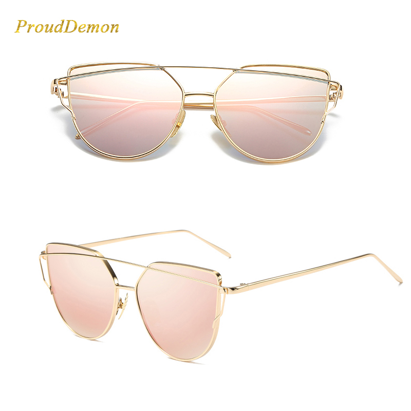 2018 Cat Eye vintage Brand designer rose gold mirror Sunglasses For Women Metal Reflective flat lens Sun Glasses Female oculos