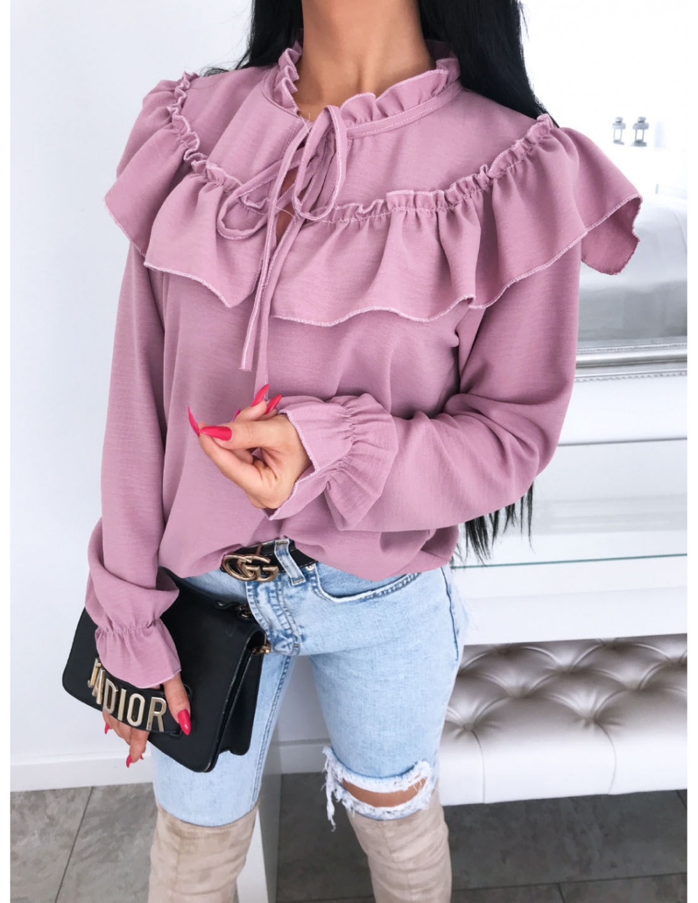 Solid Color Ruffles Vintage Blouse with Sleeves