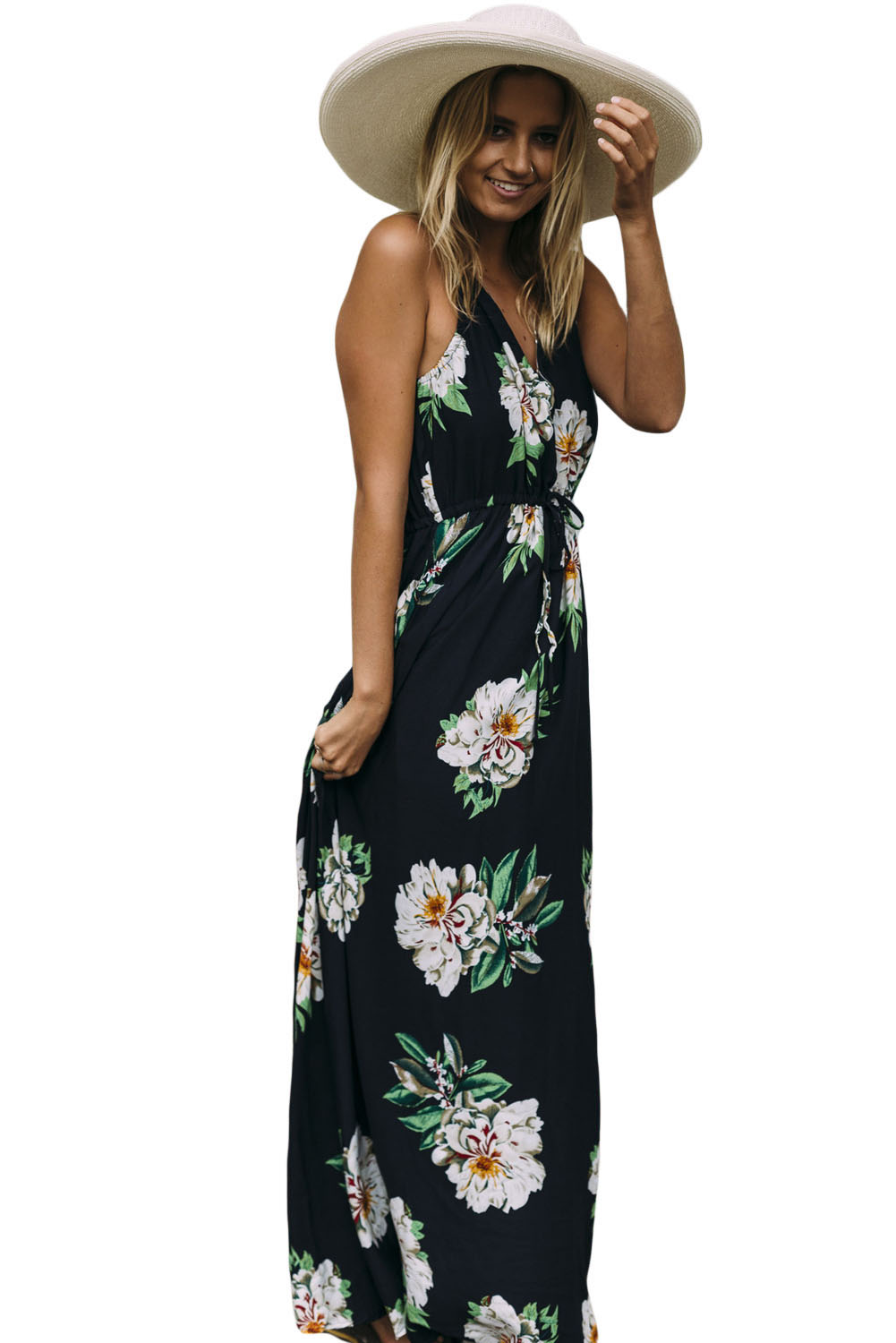 Navy Flowery Print Sexy V Neck Maxi Dress