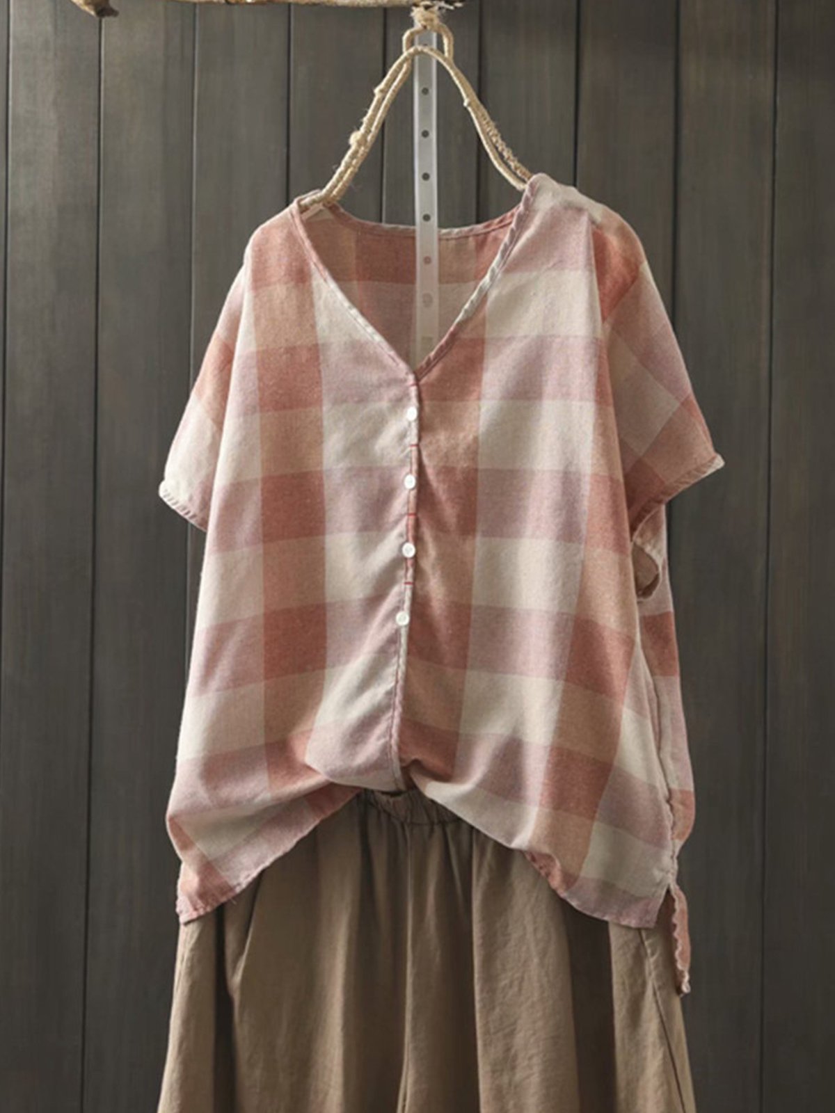 Plaid Print Button Short Sleeve Blouse For Women