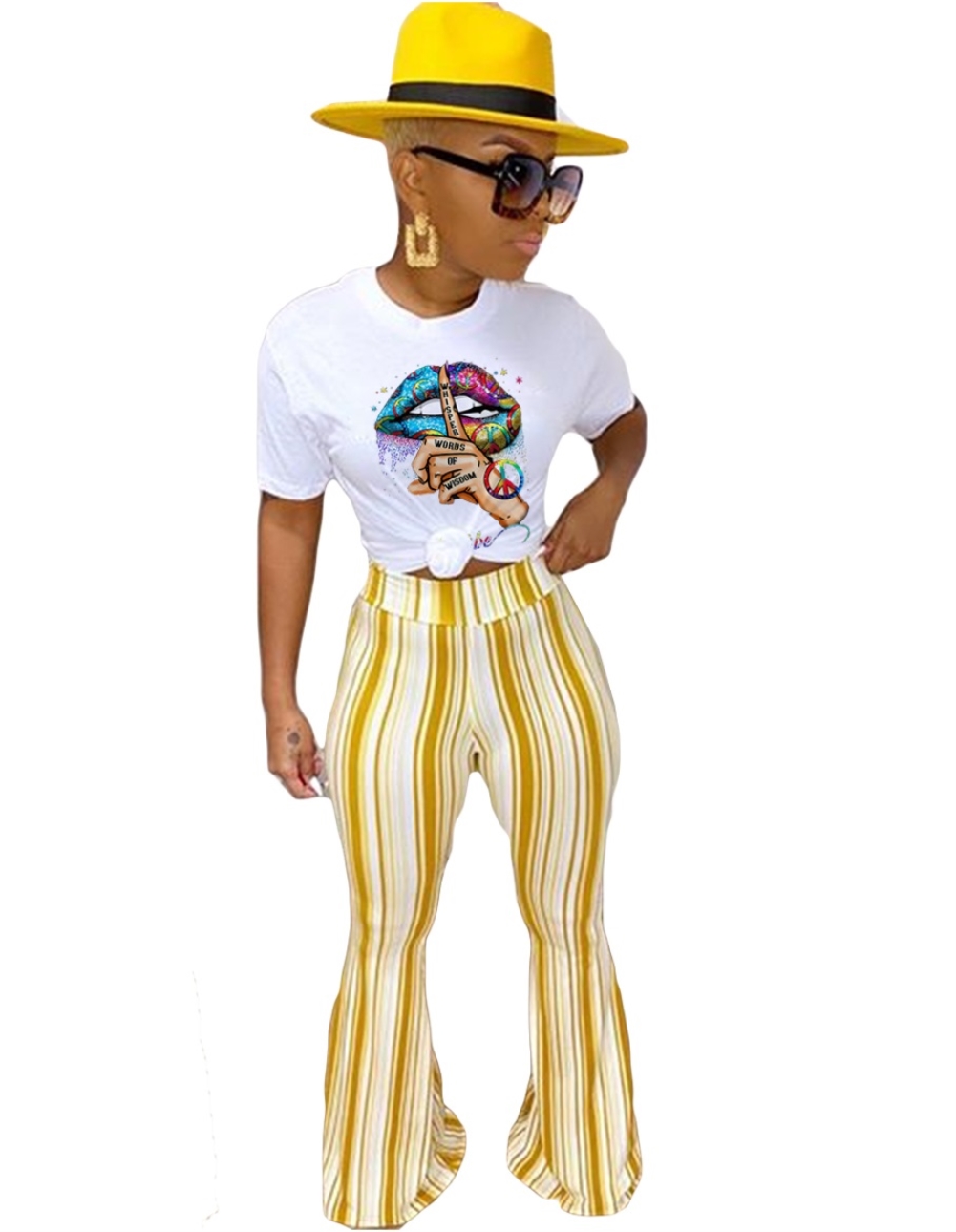 Summer Print Shirt and High Waist Flare Trousers