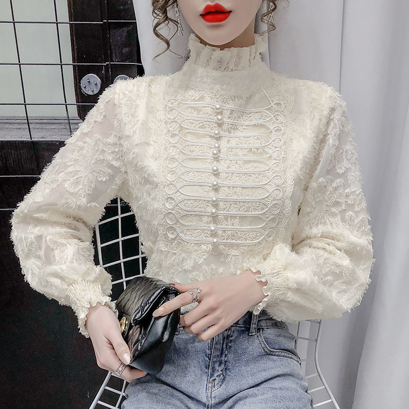 Solid Elegant Korean Blouse Women Spring Lace Designer Chiffon Blouse Female Office Lady Casual French Button Tops Women 2021
