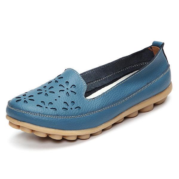 Big Size Soft Brethable Leather Floral Hollow Out Slip On Flat Loafers