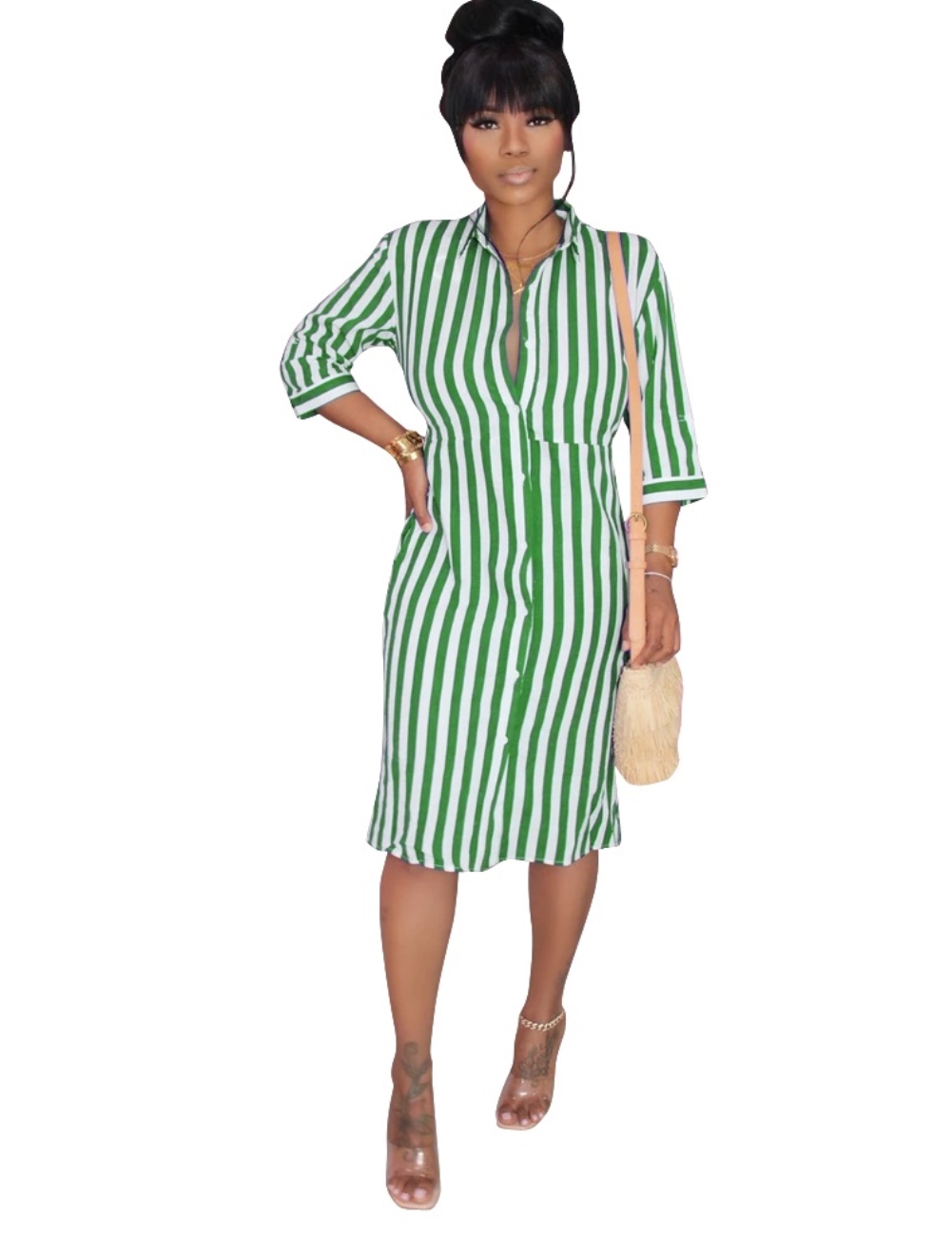 Fall Striped Blouse Dress with 3/4 Sleeves