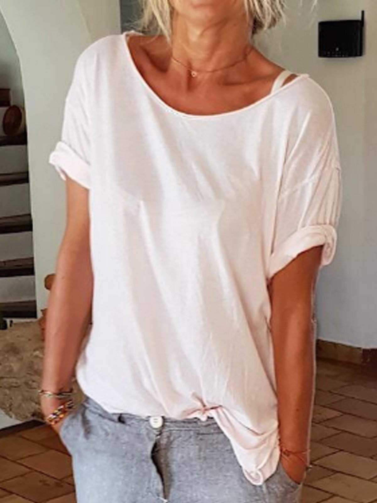 Casual Solid Crew Neck Shirts & Tops