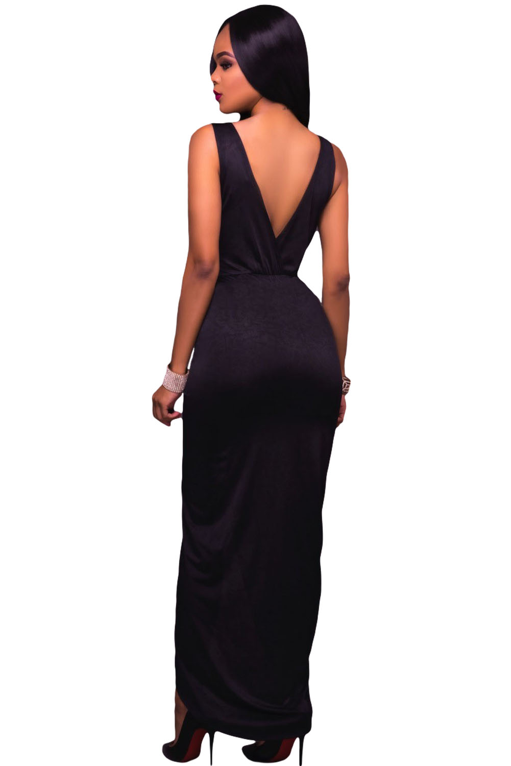 Black Deep Crisscross V Neck Draped Party Dress