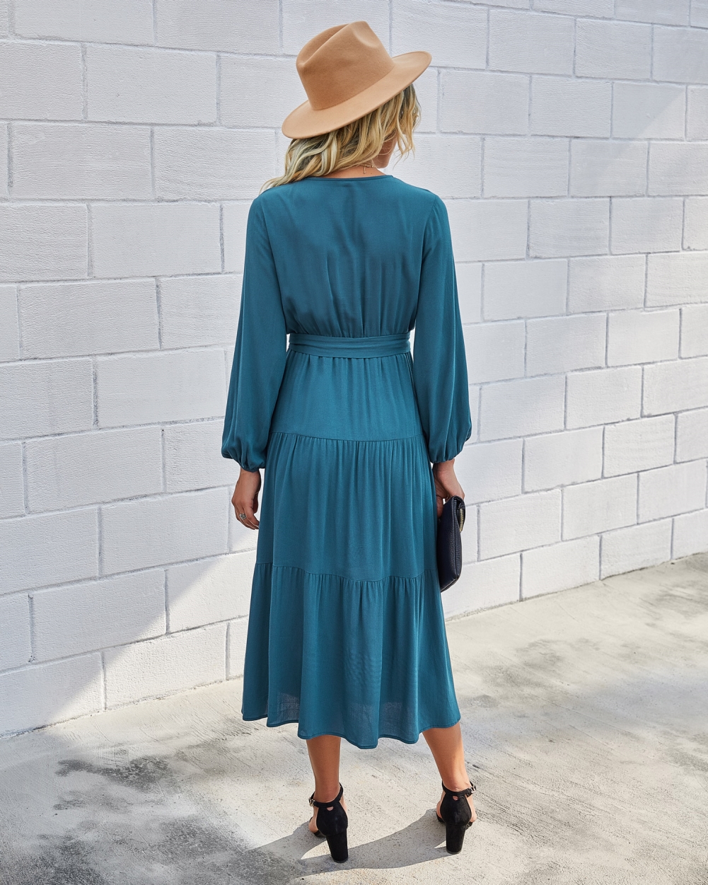 Western Long Sleeve Wrapped Solid Long Dress