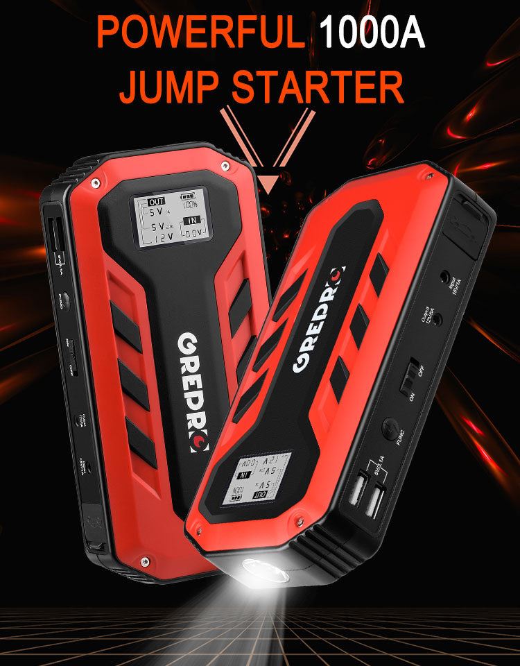 GREPRO Portable Car Jump Starter 1000A Peak 13800mAH 12V Auto Battery Booster Portable Power Pack with LCD Display Jumper Cable