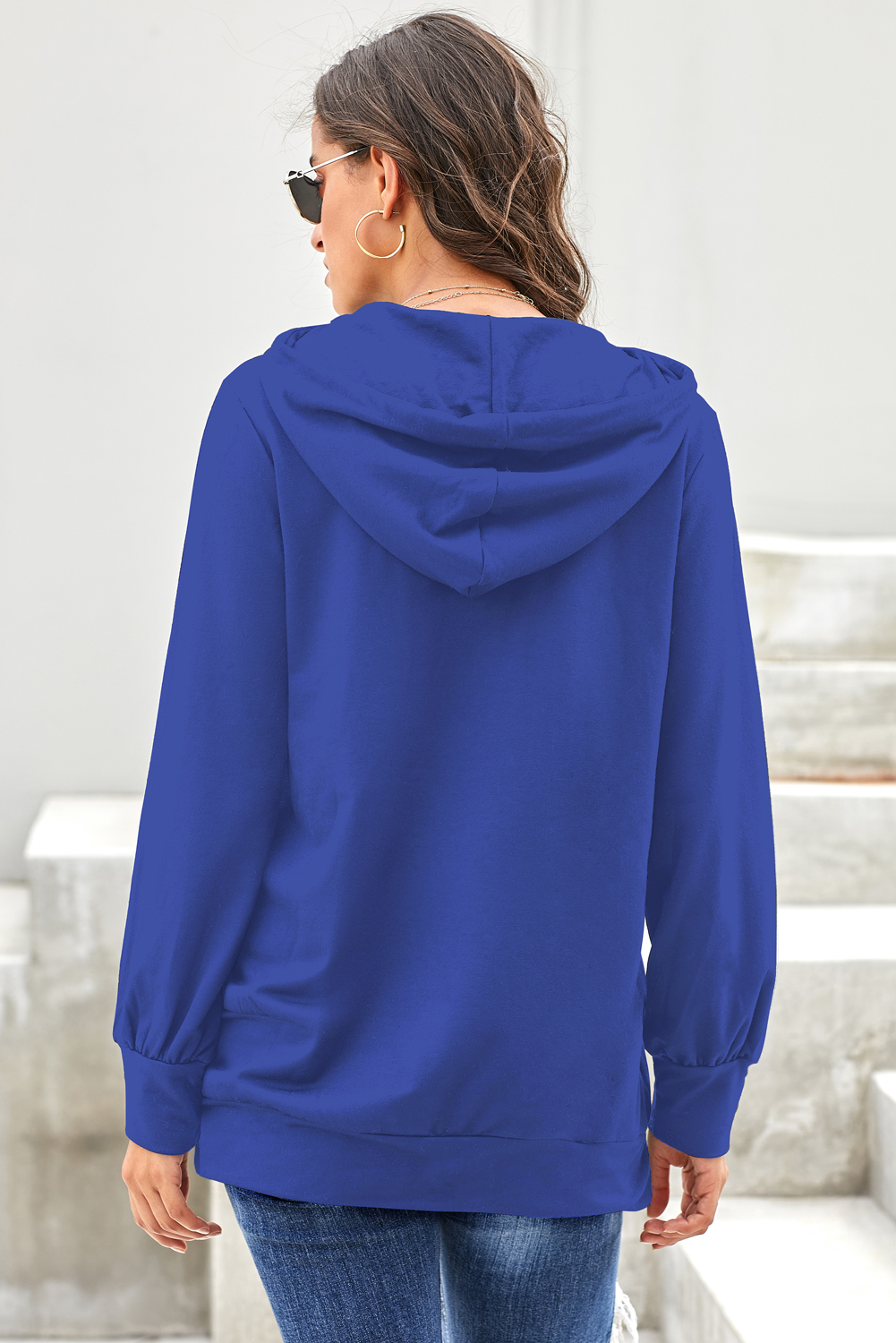 Blue Long Sleeve Hoodie with Rope Drawstring