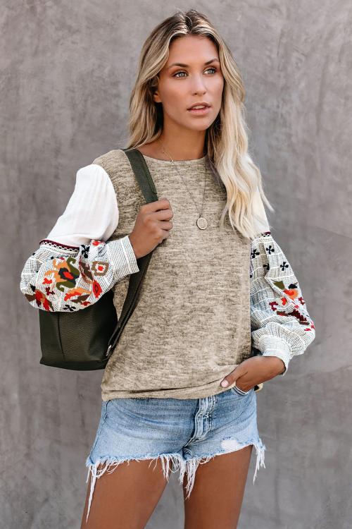 Khaki Contrast Printed Sleeve Knit Sweatshirts